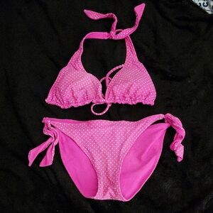 Hot Pink Polka Dot Tie-Side Bikini Set